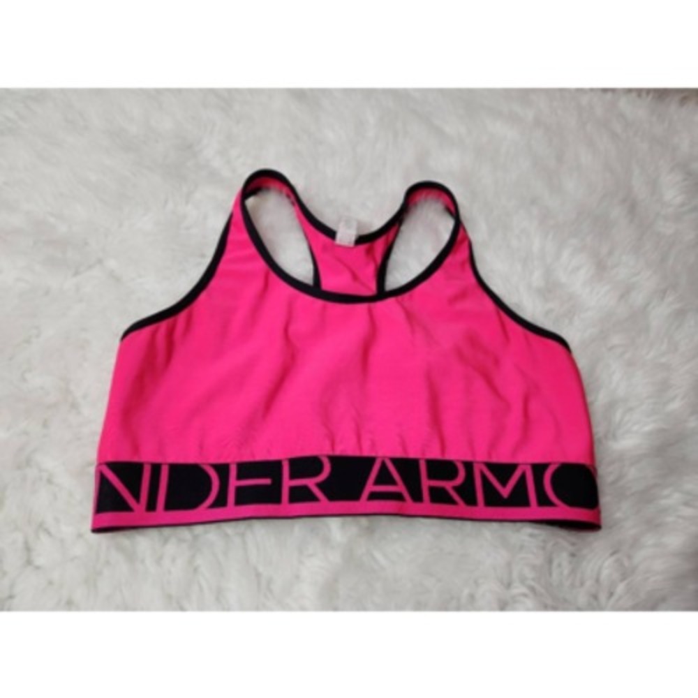 Under Armour Sports Bra Neon‎ Pink Womens Medium HeatGear Racerback Logo Band